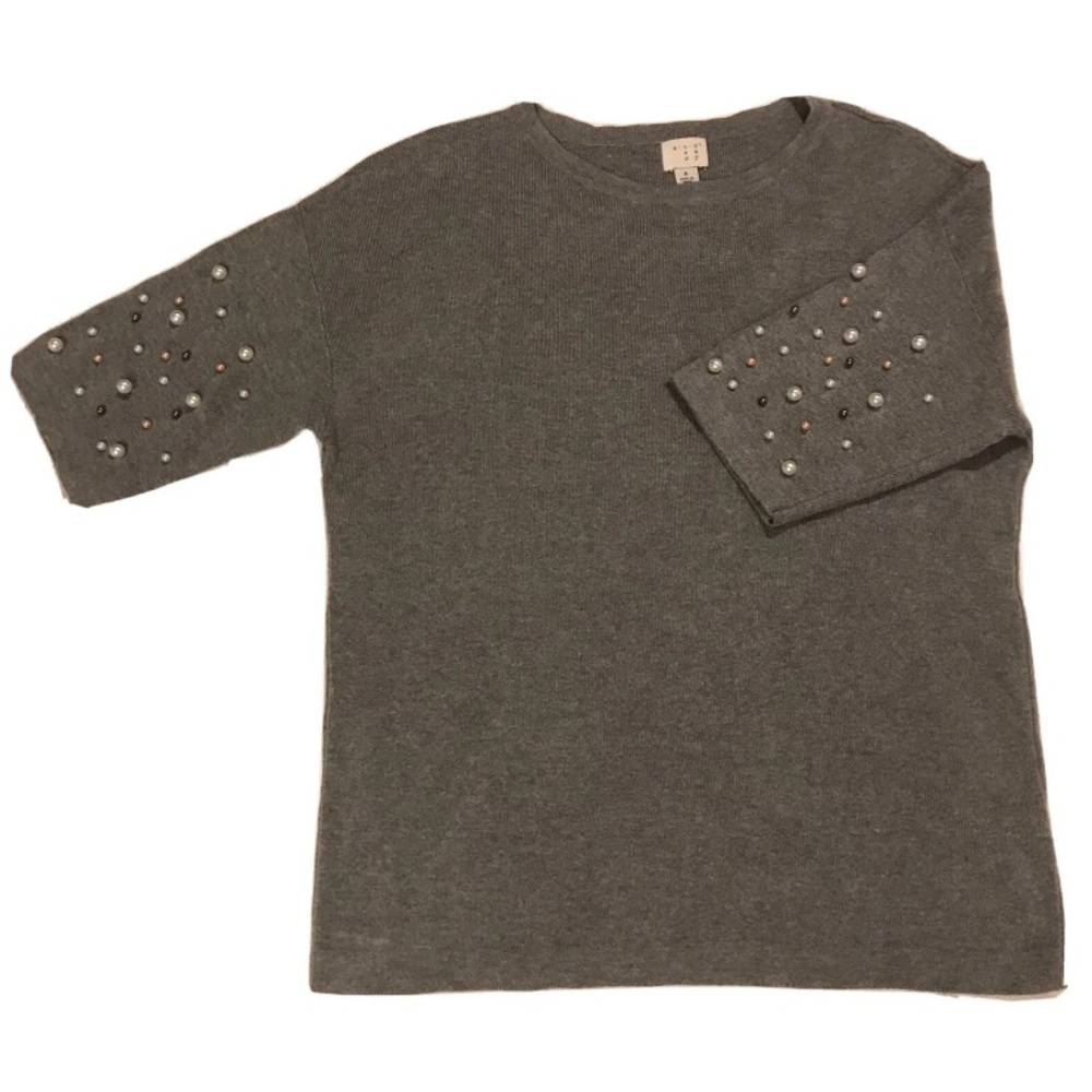 A New Day Pearl Beaded Short Sleeve Drop Shoulder Knit Sweater Blouse